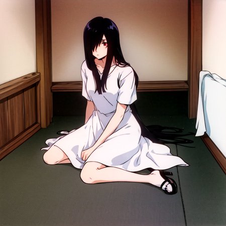 ((masterpiece)),(best quality), absurdres,sadako_yamamura,red eyes, white dress,<lora:Sadakobest:0.8>, <lora:evangelion1995Style_v1:0.8>,