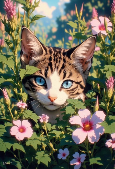 Adorable kitten with large, shiny blue eyes peeking out from a patch of lush green foliage and flowers. The kitten has a soft, fluffy face with white fur around its nose and mouth, and a pink, heart-shaped nose. The surrounding flowers are soft pastels, with pinks and purples creating a gentle contrast against the greenery. The lighting gives the image a warm, serene atmosphere.