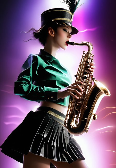 safe_pos, 1girl, (artroticaf, photo filter, colored lighting, realistic, high contrast, rim light, dramatic light, very low angle, close up, LowAngleView-3000:1.2), solo focus, dancing, dynamic pose, march_calabria, skirt, midriff, (hat, beaked hat:1.6), miniskirt, crop top, short hair, uniform, pleated skirt, black hair, score_9, score_8_up, score_7_up, score_6_up, score_5_up, score_4_up, 8k, <lora:Destination_Calabria_Outfit:0.8>
SH_S4X, instrument, solo, solo focused, Kikuchi Makoto in green uniform dancing playing saxophone, playing instrument, <lora:Sheeps_Saxophone:0.8> 
<lora:KikuchiMakoto_pony_v1:0.9> kkcmkt, skinny legs, skinny, detailed face, detailed eyes, (Kikuchi Makoto, cowboy shot, 3/4 shot), short hair, black hair, antenna hair, hair between eyes, black eyes, small breasts, <lora:loraeyesxl:0.4> <lora:d4rk01lXLP:0.1> d4rk01l, <lora:Neon_Scene:0.4> neonscene, reflection, glowing, neon lights, darkness, light reflection, <lora:ArsMorph_-_World_of_Darkness_SDXL_Pony:1.1> ArsWorldOfDarkness
