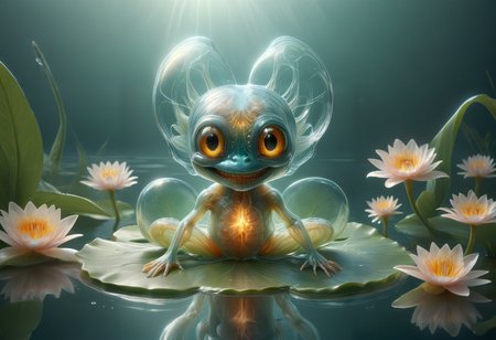 <lora:tranzp:1> tranzp style, a transparent creature with clear glass skin sitting on a lily pad in a lake <lora:cyberanatomy:0.5> cyberanatomy, blood vessels, intestines, colon, small intestine, guts, unidentifiable alien organs, nervous-system teeth, smiling,  <lora:artfullyALIEN_SDXL_V1:0.8> artln