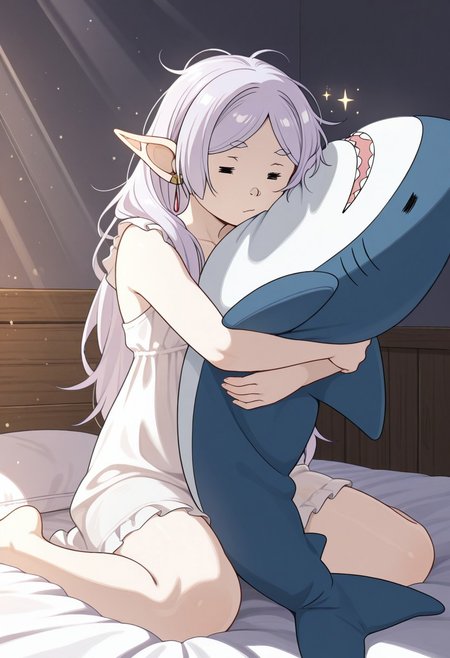 (masterpiece, best quality, high quality, good quality), 1girl, frieren, solo, on bed, wariza, messy hair, = =, 
Blahaj, ikea shark, hugging ikea shark, sparkles,
nightgown, bedroom, morning, light rays, light particles