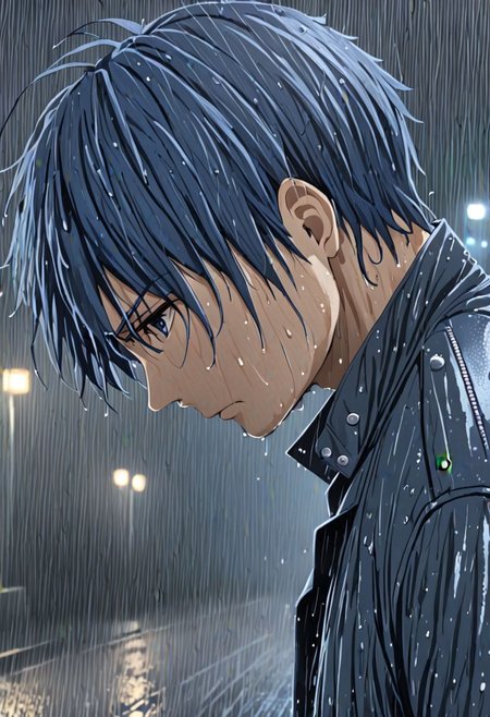 high resolution, solo, best quality, 1Boy, Tomoya Okazaki, Grey Blue Hair, heavy rain, night, looking down, sad, leather jacket, looking away, wet, wet hair, OverallDetail