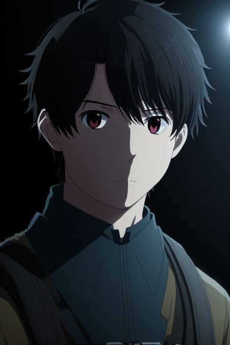 high resolution, solo, best quality, 1Boy, Portrait, Inaho Kaizuka, Black Hair, cool, Mysterious black background, Movie lighting, a sense of atmosphere,
