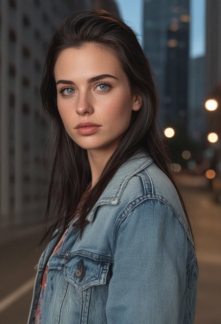 30yo woman posing for pic in front of tall building.
Blue eyes. small perfecteyes 
Wearing ripped Denim jacket red trucker hat
no makeup. Clear skin.  realistic skin style
Long dark black slick back hair. No makeup. Dusk, Street light. Looking at camera POV. Slight smile, tilting head.. Tilt head.
Medium Close Up shot. Bokeh. Bokeh light.