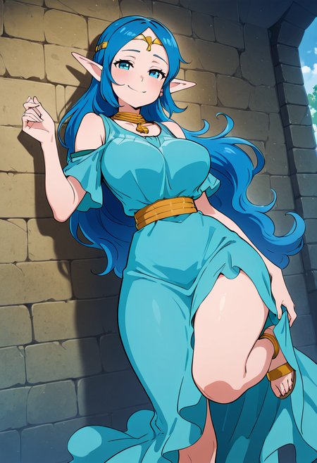 masterpiece, best quality, solo, curvy, beautiful eyes, narrow waist, wide hips, 1girl, solo, smile, looking at viewer, foreshortening, close up, anime screenshot,    zzNayru, blue eyes, blue hair, bare shoulders, jewelry, very long hair, blue dress, elf, circlet, large breasts, ,<lora:NayruZelda_IXL_v2:1.0>,leaning on wall, one leg bent, smug, looking at viewer,
