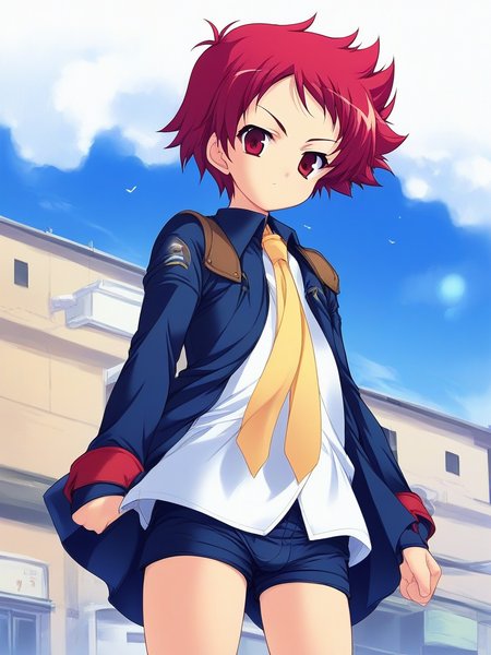 score_9, score_8_up, score_7_up, source_anime, rating_explicit, BREAK  <lora:Tsurumi_Tsubasa_Ver2.0_XL:1> TsurumiTsubasa, 1boy, solo, short hair, red hair, red eyes, 
shorts, Yellow necktie,
outdoor, day, sky,
slant eyes, serious,
looking at viewer, 
cowboy_Shot,