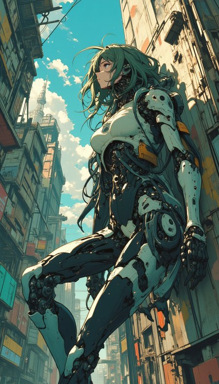 create a female character with biomech body as a 1980s anime film in a distopic destroyed city, the character is tired of live in this world and is leaning on the wall