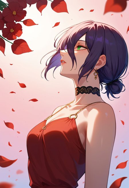 score_9,score_8_up,core_7_up,  <lora:reze_chainsaw_man_pdxl_v1_goofy:1>reze \(chainsaw man\), 1girl, backlighting, bare arms, bare shoulders, breasts, choker, closed mouth, collarbone, dress, earrings, eyelashes, falling petals, floating clothes, floating hair, flower, formal, glint, green eyes, grenade pin, hair bun, hair flower, hair ornament, hair over eyes, hair scrunchie, jewelry, lace, lace choker, leaf hair ornament, lipstick, looking to the side, makeup, necklace, o-ring, o-ring top, parted lips, pendant, petals, profile, purple hair, red dress, red flower, scrunchie, single hair bun, sleeveless, sleeveless dress, small breasts, solo, upper body
