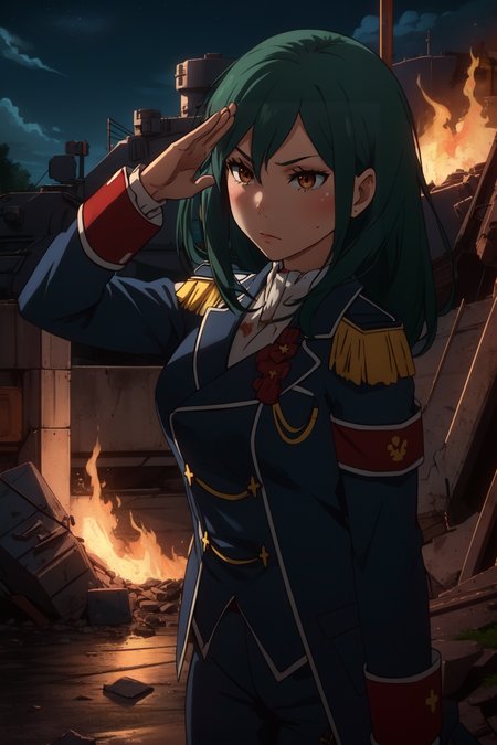 (masterpiece, best quality),  intricate details,
1girl,     <lora:CruschKarsten:0.8> pikkycrusch,
military base, salute, night time, fires, debris, tanks, military vehicle, sweating, blood,