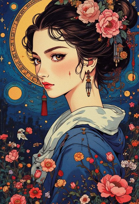 Hyperreal masterpiece blending vibrant colors and intricate details, inspired by Van Gogh, Craola, and Japanese art. A dreamlike, elegant portrait A digital artwork in the style of cknc,