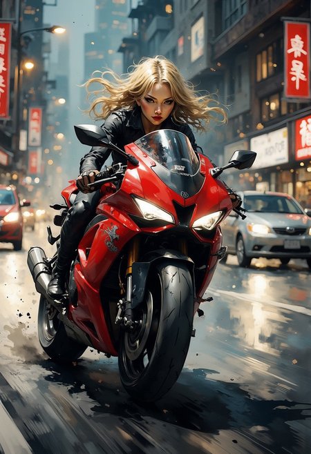 A dinkfsn style ink wash painting, in the style of ck-mgs, illustration of Japanese goth woman, flowing blonde hair, bangs, dark eyeshadow, red lips, riding Akira-style futuristic superbike, long dragster-style red bike with sports fairing, racing at speed on cypberpunk superhighway, travelling very fast, neon lights, bokeh, extreme motion blur of the background, night