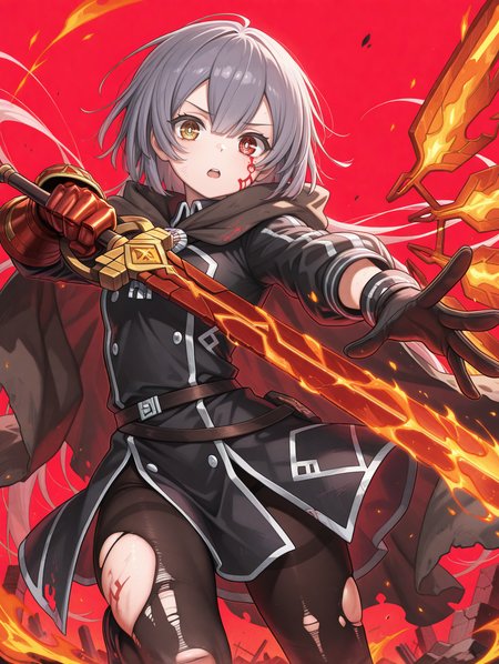 1girl,solo,outstretched hand,heterochromia,single red glove,single black glove,single red sword wing,simple background,looking at viewer,fire,holding red huge sword,red theme,single gauntlet,torn pantyhose,sky striker ace - roze,hair down,black pantyhose,black military uniform,red huge sword,brown cloak,red tattoo,((single wing)),red honeycomb \(pattern\),open mouth,ruins,
masterpiece,best quality,amazing quality,very aesthetic,absurdres,newest,<lora:Sky striker ace - Roze illuXL v1:0.75>,