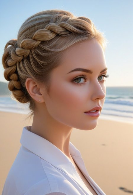 score_9, score_8_up, score_7_up, score_6_up, score_5_up, score_4_up, 1girl, adult, 23 years old, closeup, sunlight on face, blonde, braided updo, realistic photo, sun in eyes, golden hour, outdoors, sunny day, sunlit irises, masterpiece, detailed, highest quality, dramatic lighting, realistic, short hair, long eyelashes, beach
