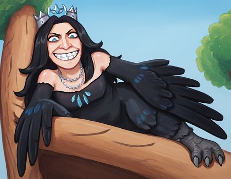 score_9, score_8_up, score_7_up, score_6_up BREAK, on side of screen, sitting on tree, from below, grin, lozhkin, 1girl, solo, long hair, blue eyes, black hair, necklace, black dress, crown, monster girl, harpy, winged arms, sirin-dh <lora:Sirin:0.7> <lora:add-detail-xl:0.3>  <lora:lozhkin_pony:0.7>
