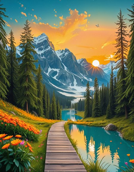 A breathtaking, high-resolution photograph of the most beautiful place on Earth, where natureâs wonders blend in perfect harmony. Towering, snow-capped mountains rise majestically in the background, their peaks glowing under the golden hues of a setting sun. Below, a crystal-clear turquoise lake reflects the colors of the sky, surrounded by lush, green forests filled with ancient trees, vibrant wildflowers, and cascading waterfalls. A soft mist rises from the valley, adding a dreamlike quality to the scene. In the distance, rolling meadows stretch toward the horizon, dotted with colorful flowers and serene wildlifeâgraceful deer grazing, birds soaring in the sky, and butterflies dancing in the breeze. A wooden footpath winds through the landscape, leading to a secluded, tranquil spot where the beauty of nature can be fully admired. The air is crisp and filled with the soothing sounds of rustling leaves, flowing water, and distant birdsong. The sky above is a masterpiece of colorsâdeep oranges, purples, and pinks blending seamlessly as the sun sets, casting a magical glow over this untouched paradise. The atmosphere is peaceful, awe-inspiring, and filled with a deep sense of wonder and tranquility, as if stepping into a perfect dream.
<lora:SDXLFaeTastic2400:0.4> <lora:extremely_detailed:0.4> extremely detailed,Earth P4r4d1s3, <lora:Earth_P4r4d1s3-i:1>, Masterpiece,best quality,hi res,8k,hi res,8k,award winning,(sharp focus, intricate, highly detailed),