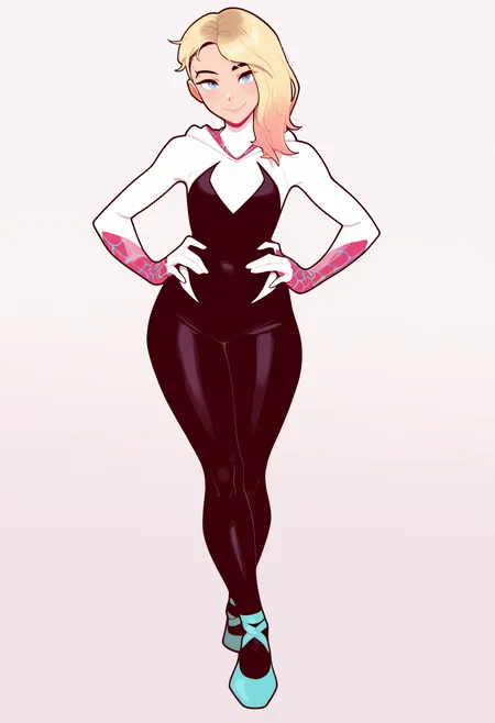 masterpiece, best quality, very aesthetic, absurdres,
1girl, gwenstacy, blonde hair, blue eyes, asymmetrical hair, eyebrow piercing,
hooded bodysuit, ballet shoes, spider web print,
hands on hips, smile, full body, solo, looking at viewer, standing, simple background, white background  <lora:GwenStacyNoobXL_byKonan:1>