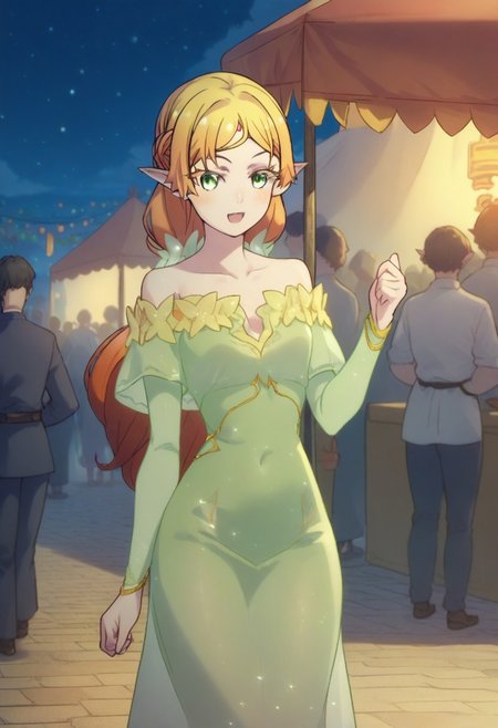 score_9, score_8_up, score_7_up, professional anime,HD,1girl,solo, (elf from isekai ojisan), perfect body,short female,petite body,wide hips,cute girl,elf, ccc,dress,festival,crowd