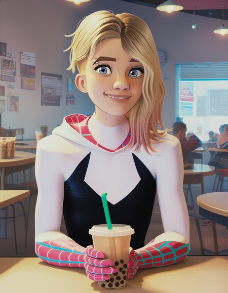 score_9,  score_8_up, score_7_up, <lora:gwnstc-v1-32:1> (photo of gwnstc), blonde hair with pink dip-dye, undercut bob, blue eyes, eyebrow piercing, hooded hero bodysuit,
1girl, bubble tea, relaxing, light smile, indoors, cafe