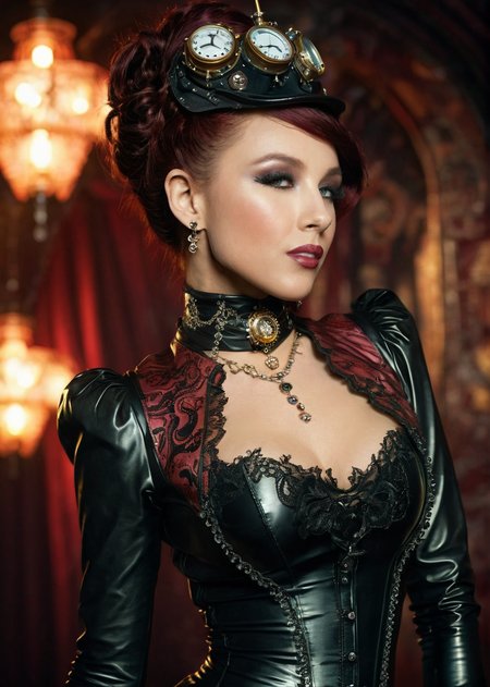 masterpiece, best quality, dark environment, (steampunk:1.5), a woman, (colored latex with lace), turtleneck, (jewelry, earrings, necklace), burlesque, sexy, (((full body))), 8K, extremely detailed, decorated clothing, dragon, bloodwave, dynamic, great lighting, perfect shading, depth of field, soft side light, very detailed glowing background, <lora:MS_DaniWoodward_V1_SDXL:0.8>, <lora:add-detail-xl:0.8>