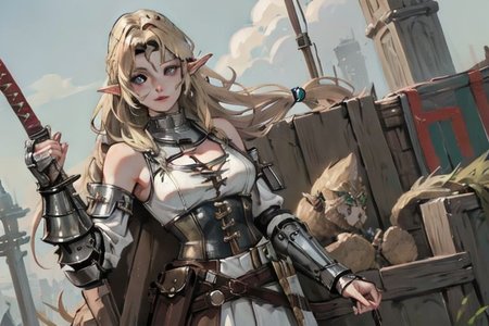 masterpiece, best quality, sharp focus, 8K, ultra-detailed, chara-sheet, 1women, solo, full body ((masterpiece: 1.4, perfect face, best quality: 1.2)), ultra highly detailed face, ((hazel eyes, extremely detailed eyes, eye makeup, sexy eyes)), <lora:BarbarianT-18:0.8>, BarbarianT, (muscular:1.3), ((muscular female, bare strong muscular abs, bare muscular shoulders)), medieval, women warrior with elf ears, devilish grin, ((armor, large pauldrons, faulds, bracers, armor greaves)), ((wide puffy sleeves, stiped sleeves)), ((fur, crop top, large breasts, cleavage)), ((wide baggy pants trousers, striped pants)), ((tassel belt, tribal accessories, green lioncloths, fur trim)), ((brown leather hip belt, pouch on belt, long sword)), leather gloves, (fur trim), leather boots, ((delicate hair details, blonde hair, hair braids, Dutch Braid, very long thick shag hair)), nordic, fantasy aesthetic, brown tones, (flat saturated colors), fine details, intense, (sharp focus), (lineart:1.1), CharacterSheet, (multiple views: 1;2), full body ((simple background, white background)), reference sheet