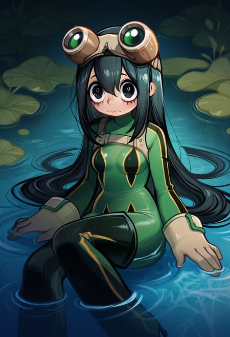 d0p4style,  masterpiece,  best quality, solo,  Tsuyu Asui,  textured, sitting in water, water pond,  sultry, big eyes, black hair, GREEN BODYSUIT, GOGGLES, small breasts,ird, wide eyes,