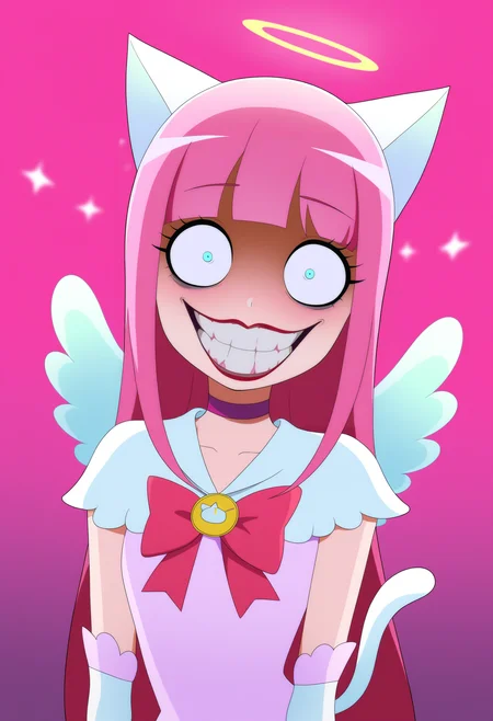 best quality, amazing quality, very aesthetic, absurdres,
jokerized, smile, grin, teeth, red lips, constricted pupils, crazy eyes,
1girl, angel wings, animal ears, blue eyes, cat ears, cat girl, cat tail, dress, long hair,
looking at viewer, magical girl, pink hair, pink theme, solo, tail, wings, yume kawaii, yume ne,  <lora:JokerizedNoobXL_byKonan:1>