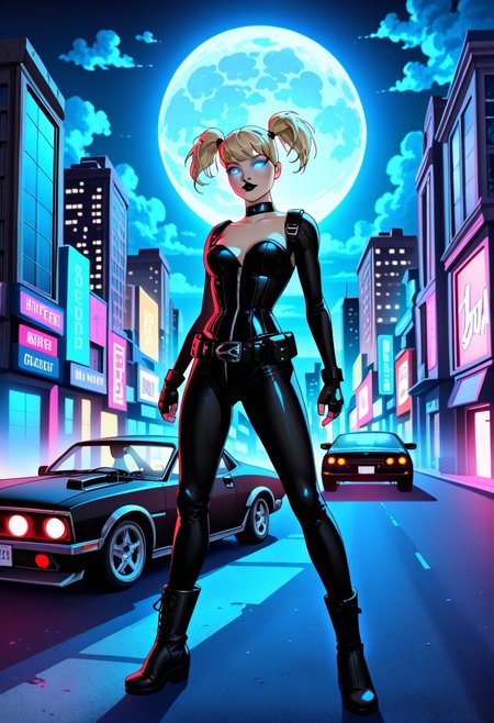 masterpiece, best quality, amazing quality, very aesthetic, high resolution, ultra-detailed, absurdres, Harleybtas, 1girl, solo, twintails, short hair, blonde hair, blue eyes, choker, black lips, medium breasts, bodysuit, corset, fingerless gloves, boots, belt, strap, utility belt, city, night, moon, cloud, building, skyscraper, ground vehicle, motor vehicle, black car, g0th1c, glowing, neon lights, glowing eyes, street,