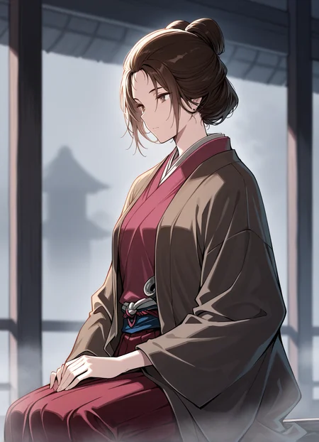 masterpiece,best quality, 1girl, sitting, blurred background, (fog:1.2), indoors, solo, EmmaSekiro, brown eyes,,  <lora:EmmaSekiro:1>
