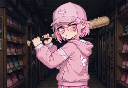 masterpiece,best quality,amazing quality,gacha, gacha, Gacha, GachaPinkprinc666, Pinkprinc666, 1boy, Pink eyes, striped pink cap,pink hair, pink pants, pointy ears, Pink hoodie, glasses, shop cel-shading, store,  (dark:1.5), backlit, (upper body shot), holding baseball bat, angry face, aggressive pose, angry pose, dynamic pose