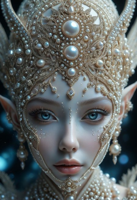 Ornate Pearls and Crystals, elaborate close up of a face, alien goddess, hyper realistic