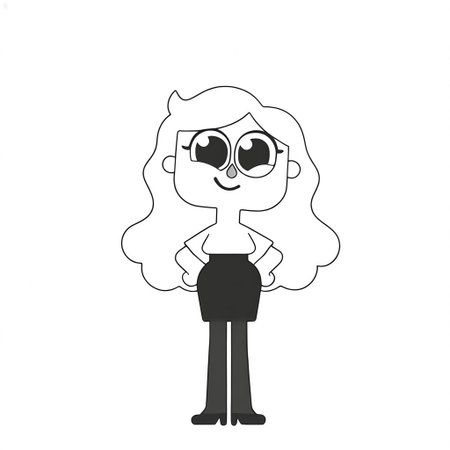 Xiaro, 1girl, solo, monochrome, big eyes, long wavy white hair, white short-sleeved office shirt, black skirt, black pantyhose, black heels
 smiling with her hands on her hips
minimalistic, vector art, lean lines, illustration, graphic design, vector graphics