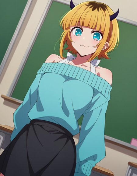 score_9, score_8_up, score_7_up, source_anime,
memcho, <lora:memcho-s1-ponyxl-lora-nochekaiser:1>
memcho, blonde hair, blue eyes, blunt bangs, demon horns, fake horns, horns, short hair,
bare shoulders, black skirt, blue sweater, long sleeves, off shoulder, off-shoulder sweater, puffy sleeves, skirt, sweater, white ribbon,
indoors, classroom, smile,
looking at viewer, dutch angle, cowboy shot