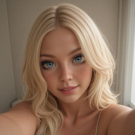 best, masterpiece, Domi with wavy blonde hair and blue eyes, extreme closeup, exotic colorful makeup, model face, model pose, selfie, highly detailed skin texture, freckles, highly detailed photo, professional photograph, dynamic lighting