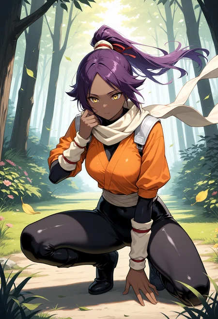 masterpiece, best quality, 1girl, solo, dark-skinned female, dark skin, purple hair, long hair, parted bangs, , outdoors, forest, nature, tree, falling leaves, leaf, wind, on one knee, full body, knee up, spread legs, looking ahead, yellow eyes, high ponytail, black bodysuit, orange shirt, skin tight, bodysuit under clothes, scarf, arm warmers, grass, flower, hand up, adjusting scarf, closed mouth