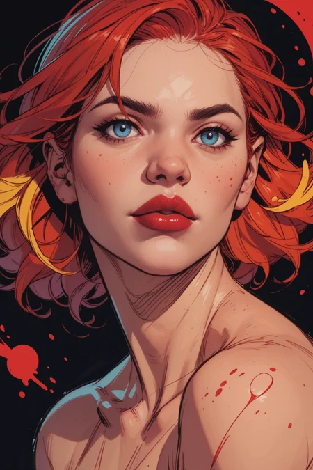 colorful, paint splatter, solo, makeup, no humans, 1girl, abstract, lipstick, blue eyes, lips, paint, eyeshadow, realistic, red lips, blurry, black background, <lora:Expressive_H:0.5>, score_9, score_8_up, score_8_up, a_Comic_Illustration, rough lines with ink, (drawn:1.1), (sketch:1.5), (crosshatching:1.25), (comic style:1.1), graphic novel style, sharp lines, hires, zstyle, (western comics \(style\):1.1), (hatching \(texture\):1.2), zPDXL, Mr_Monster_Possitive