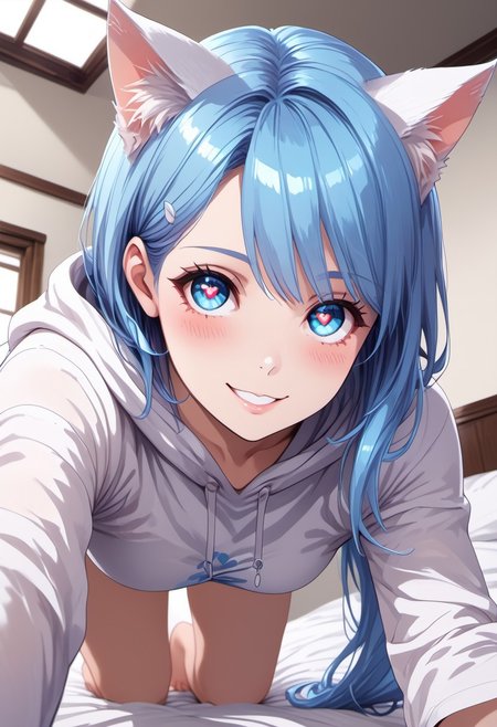 score_9, score_8_up, score_8, 1girl, Catgirl, slimes_aizome, solo, blue hair, white cat ears, white cat tail, heart eyes, oversized hoodie, on bed, all fours, leaning forward, face focus, highly detailed, dynamic angles, dynamic pose, very amazed, smile, big eyes, Expressiveh, vivid colors, looking at viewer, low angle, view from below