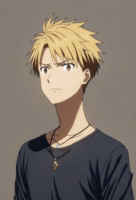 high resolution, solo, best quality, 1Boy, Yamato Ishida, Blond Hair, Necklace, potrait, dark shirt, looking at viewer, focused gaze forward, simple background, straight body, upper body, head upright, confusion, OverallDetail