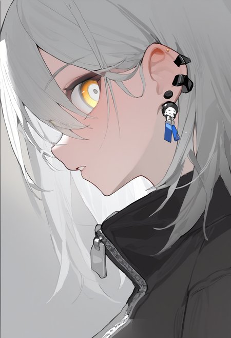masterpiece, best quality, newest, absurdres, highres, very awa, anime screencap, no lineart:1.3, sketch, simple background, solo, jewelry, looking at viewer, parted lips, earrings, hair between eyes, jacket, white hair, piercing, medium hair, 1other, yellow eyes, ear piercing, wide-eyed, black jacket, 1girl, portrait, zipper,  grey hair, black shirt, white eyes, zipper pull tab, profile, eye focus