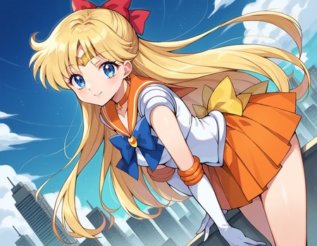 score_9, score_8_up, score_7_up, source_anime,
sailorvenus, <lora:sailor-venus-ponyxl-lora-nochekaiser:1>
sailor venus, blonde hair, blue eyes, bow, hair bow, half updo, long hair, red bow, tiara,
back bow, choker, elbow gloves, gloves, jewelry, magical girl, orange choker, orange sailor collar, orange skirt, sailor collar, sailor senshi uniform, school uniform, serafuku, skirt, white gloves,
outdoors, cityscape, bent over,
looking at viewer, cowboy shot, dutch angle,