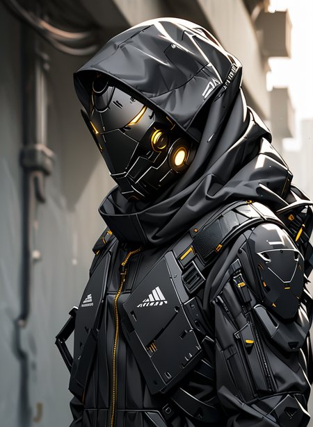 masterpiece,high resolution,shadow detail,natural light,
techwear, 
techwear, , science fiction, solo, upper body, robot mask, , black jacket
 <lora:TechWearXL:0.8>