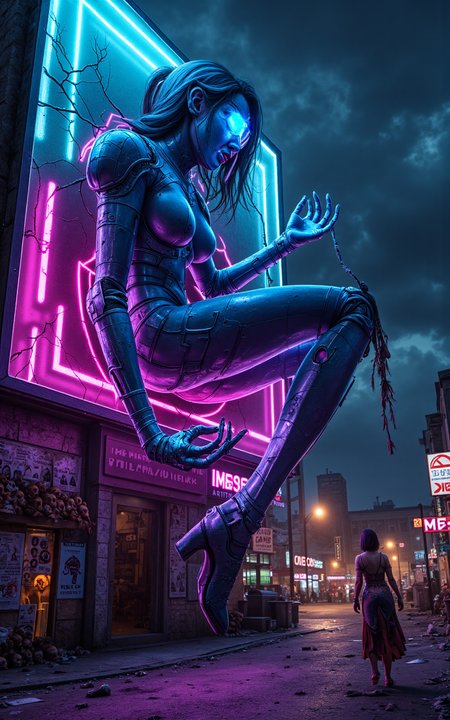 A towering neon mural along the ruins of a club district: an armored femme fatale with spiderlike limbs made of mechanical blade-arms crawls out of a cracked billboard, eyes glowing violet. Her chestplate gleams like a venom sac, her boots crush propaganda posters. Tongue out, licking neon blood off her fingertips. Electric webs stretch behind her, full of caught skulls. Tagline: “THE SYSTEM WON’T SURVIVE HER BITE.”






fmlas-mk.1 
