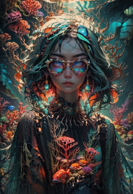 (In the style of Edvard Munch), The scene captures a mermaid resting amidst a forest of coral, her expression melancholic yet serene. The water shimmers with an otherworldly glow, casting vibrant, distorted reflections on the coral below. Her long, flowing hair waves gently, intertwined with strands of seaweed and small, luminescent fish. The coral reef is painted in bold, intense colors—deep reds, electric blues, and bright yellows—creating a vivid, dreamlike atmosphere. Her scales glisten in the refracted light, shifting in shades of gold and sapphire. The scene is filled with swirling currents and bubbles, adding to the sense of movement and emotion. (vivid color contrast, expressive brushstrokes:1.3), (best quality, high resolution:1.2)  score_9, score_8_up, score_7_up, 