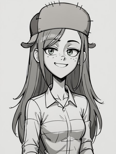 score_9, score_8_up, score_7_up,  score_6_up, BREAK, Sk3tch, sketch, monochrome, <lora:Sketch:0.8> wendy, long hair, 1girl, solo, green eyes, shirt, freckles, earrings, fur hat, smile, looking at viewer,  <lora:WendyCorduroyPony1.0:1>