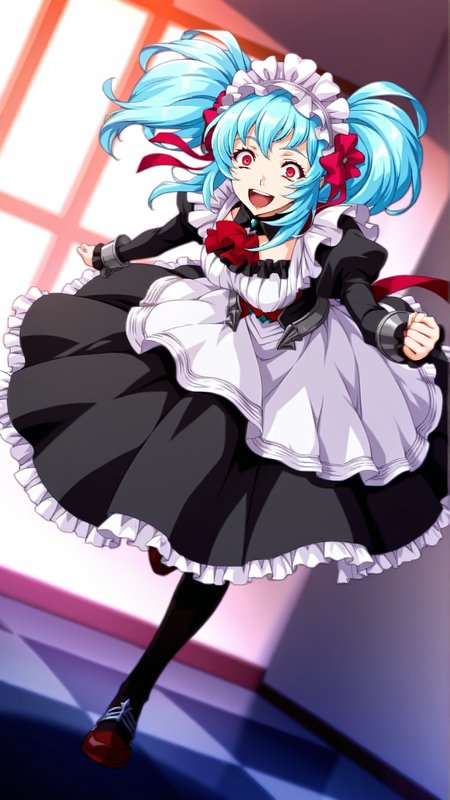 source_anime,general,best quality,1girl, <lora:Marilyn_Cat_ill_v1.0:1> marilyn\(srw\),blue hair, red eyes, twintails, maid, maid headdress, maid apron,happy, crazy eyes,   dynamic pose, dutch angle, full body,
