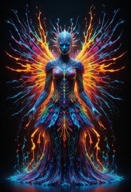 a full body fire entity with multicolored flames, professional photography of an fantastical warrior princess entirely made of cyberflies with whimsical elements, swirling magic, eerie fairytale landscape, elaborate fantasy style art, very colorful, intricate details, ultra sharp, exquisite detail, flawless composition, vivid colors, masterpiece, exciting background, TAS, TASvisuals, Psychedelic , Rave, Elaborate , Blacklight , Vibrant , cyberflies, black light paint, blp, Colorful Chaos Cracks and Drops, mad-glowtiedye, made out of,colorful,liquid,Murano Art Glass