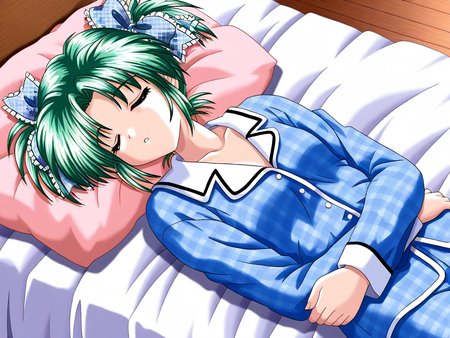 general,highres, ultra-detailed,very aesthetic,best quality ,best hands, BREAK <lora:Minase_Ruka_Akumu_AoiKajitsunoSange_IS:1>
Minase_Ruka, 1girl, solo, green hair, short twintails, blue eyes, hair ribbon, blue plaid ribbon, 
sleeping, closed eyes, lying, parted lips, v arms, bed,
blue pajamas,