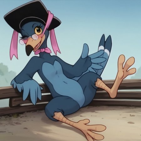 score_9, score_8_up, score_7_up, score_6_up, score_5_up, score_4_up, source_furry, Magpiebbv2, semi-anthro, female, bird, blue feathers, yellow beak, hat, glasses, black eyes, yellow sclera, sitting, arm between legs, spread legs, wink, blush, full body,