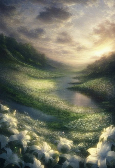 detailed background, from above,( Calm spring night landscape), amongst lush greenery, beautiful view, Flower Field, lily flower in full bloom, lily flower, early morning, sunrise sky, beautiful clouds, dappled sunlight, beautiful, Tranquil Lake, Walkway, petals dancing in the wind, depth of field, masterpiece, best quality, ultra-detailed, very aesthetic, illustration, perfect composition, intricate details, absurdres, moody lighting, wisps of light, no humans,