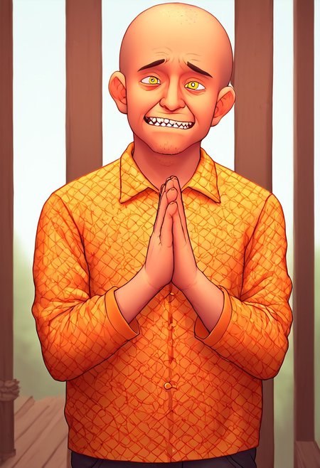 (score_9, score_8_up, score_7_up). (line work, excellent drawing, highest quality, extremely detailed:1.2). ((solo)), male_focus, 1man, old man, very fat, long sleeves shirt, pants, pale skin, happy face, big head, sharp teeth, short, fat, buzz cut hair, criminal, cheap suit, big yellow eyes, weird eyes, bug-eyed, hands up together to pray, shrine pray, praying, shrine praying, ((shrunken head)), depth of field, white background,