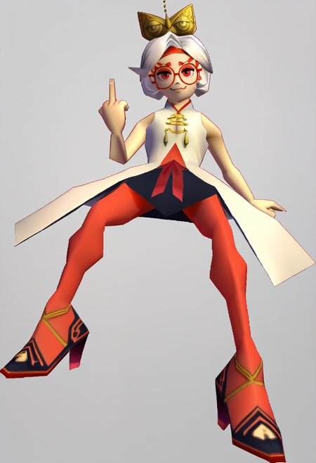 score_9, score_7_up BREAK solo,n64zeldastyle, 3d, polygonal, white background, full body,purah,white hair,red eyes,hair ornament, red headband, red glasses, sleeveless shirt, white coat, black skirt, red leggings, gloves, high heels,smug,closed mouth,middle finger,looking at viewer <lora:purah-pdxl-nvwls-v1:0.8>   <lora:zs_N64ZeldaStyleXL:1>